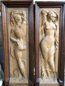 Deux plâtresd’atelier Adam et Eve ecole belge ca 1940 140x40cm/pièce 
