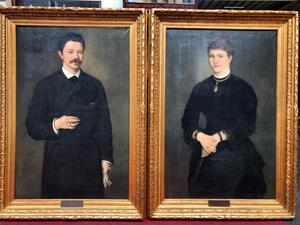 Dillens Albert, portraits monumentaux de Mr et Mme Cantillana, fondateurs de l’entreprise éponyme, huiles sur toile, signés et datés 1889, dim: 120x80cm chacun(144x104cm)