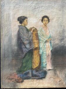 Élégant pastel sur toile, dames au kimono, trace de signature, 19eme s., dim:  56cm x 42cm 