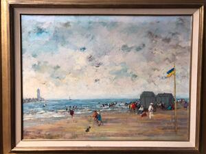 Maurice De Meyer, scène de plage en Normandie , huile sur toile, ca 1960, dim. 65x80cm, très bel état 