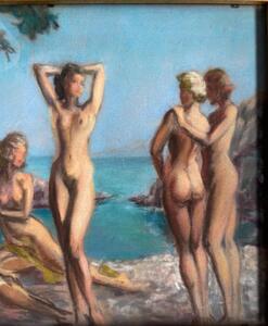 Raymond Van Doren, nus dans la calanque, pastel, circa 1950, dim 35x27cm