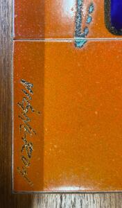 Table basse vintage avec plateau céramique motifs géométriques signée Vigneron ca1970 dim101x46x47cm